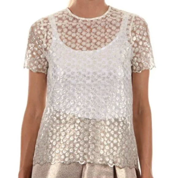 kate spade Tops - Kate Spade Metallic Gold Silver Shannon Sheer Daisy Flower Blouse Size 4